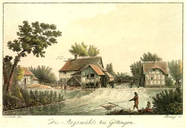 Ehemalige Stegemühle an der Stelle des heutigen gleichnamigen Wasserwerks an der Leine südlich von Göttingen
